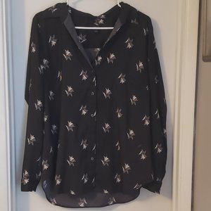 Ann Taylor Black Floral Button Down Top Large